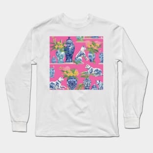 Porcelain cats and chinoiserie jars on hot pink Long Sleeve T-Shirt